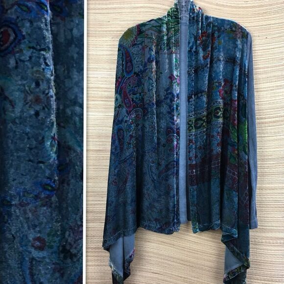Johnny Was Velvet Teal Drape Open Front Sweater Cardigan In Team Size XS - Picture 3 of 13